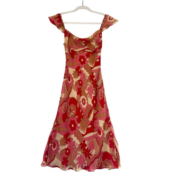 BCBGMAXAZRIA 100% Silk Floral Slip Dress S Pink Red Boho Y2K Retro floral - Picture 1 of 6